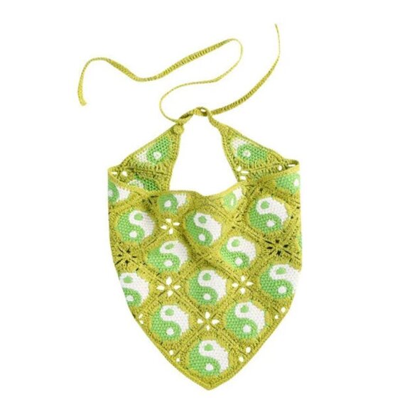 Urban Outfitters Yin Yang Icon Crochet Hair Bandanna Lime Green Knit Scarf Top - Picture 2 of 8